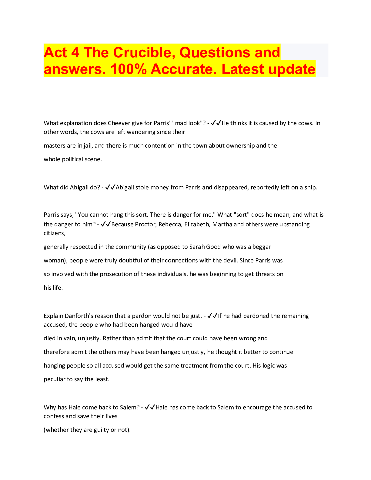 Act 4 The Crucible, Questions and answers. 100 Accurate. Latest update